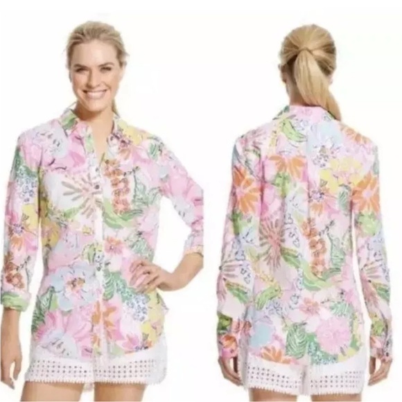 LILLY PULITZER for Target Nosey Posey Shirt Floral Print Blouse m - Picture 1 of 8